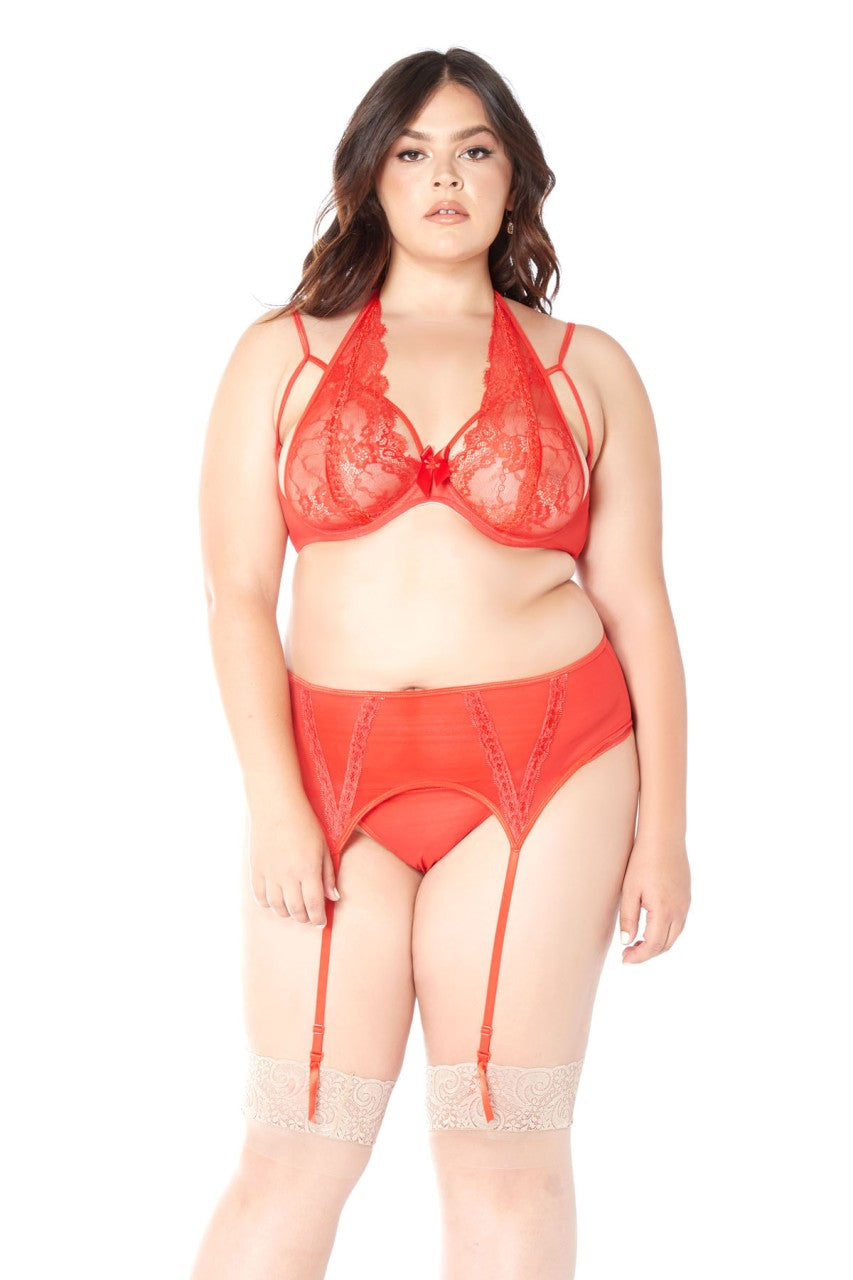 3 Pc Bra, Garter Belt, & Panty Set - GL34039X - [GL34039X-RED-1X]