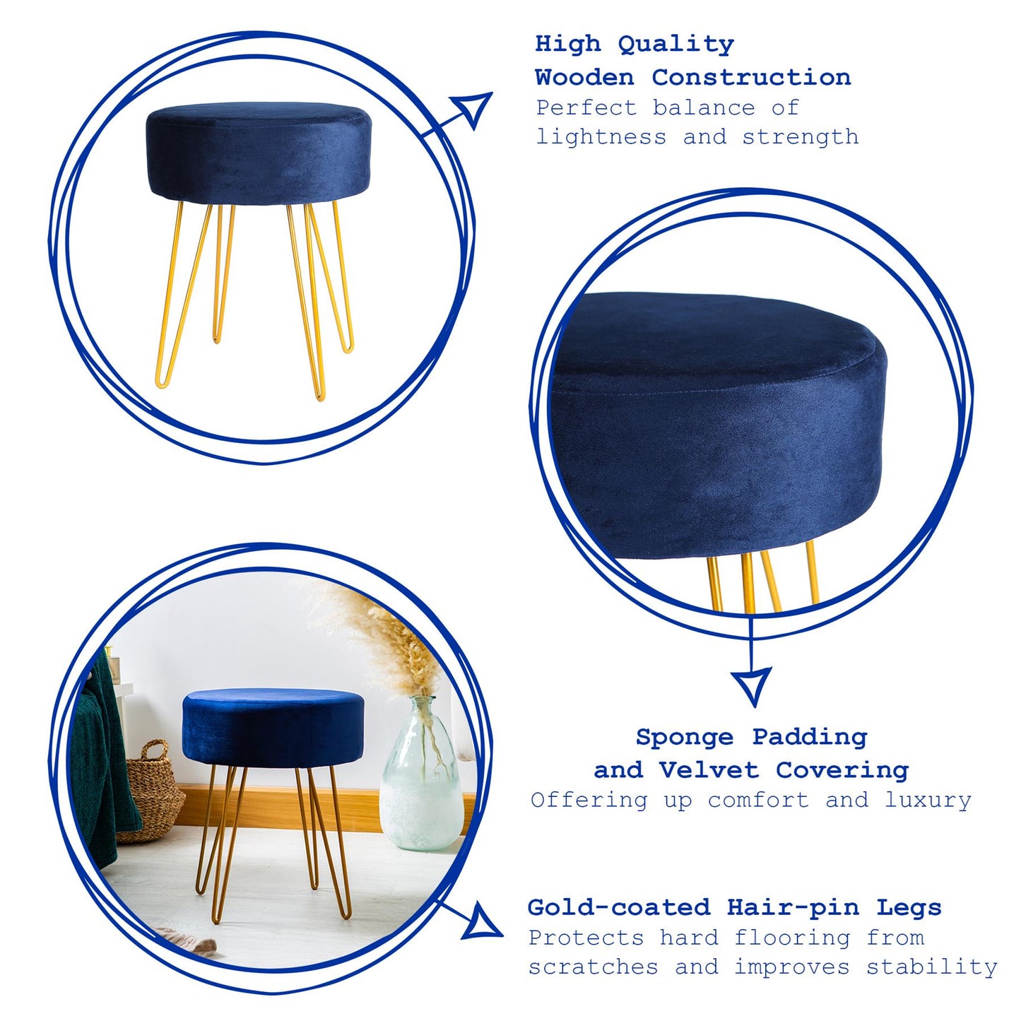 Blue Round Velvet Footstool