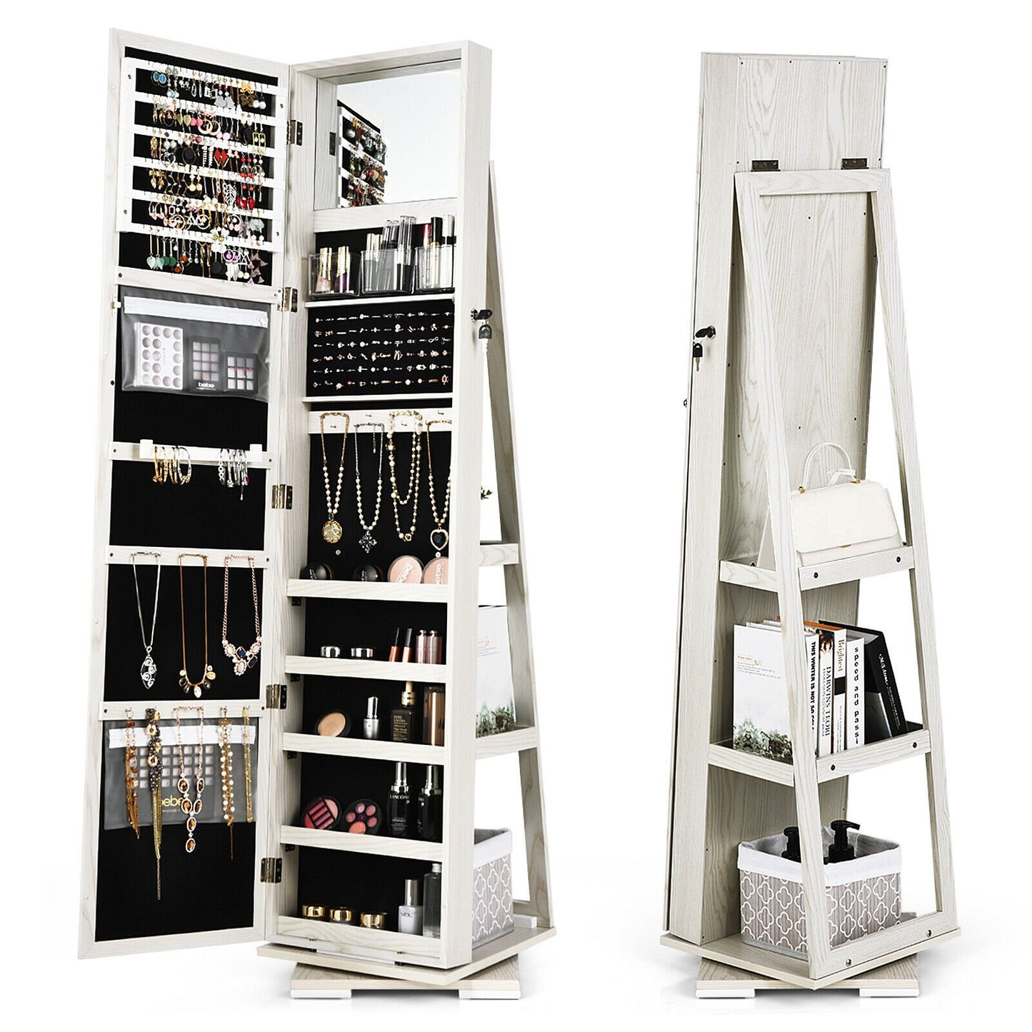 Full Length Mirrored Jewellery Cabinet Rotates 360° with Open Display Shelves-Brown