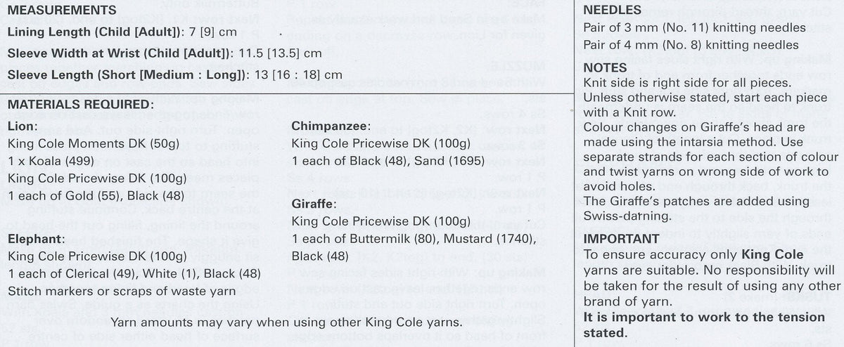 King Cole 9027 Knitting Pattern Leaflet Animal Hand Puppets to knit in Pricewise and Moments DK