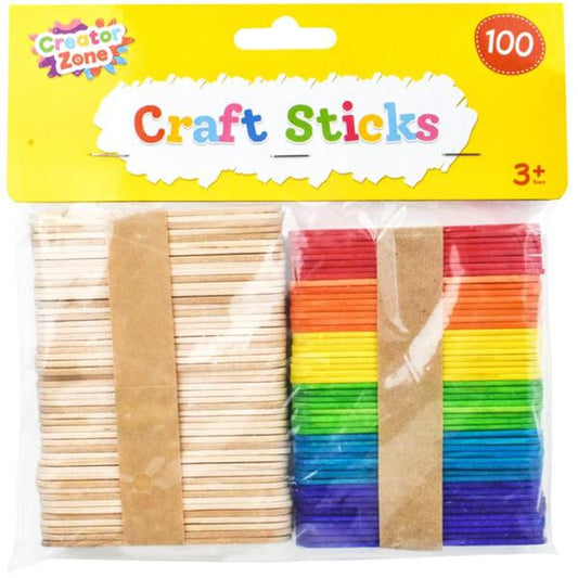 Pack of 100 Children's Craft Sticks in Plain and Assorted Colours