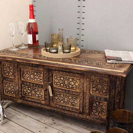 Mehanadi Rectangle Moroccan Coffee Table Hand Carved with Storage Compartment