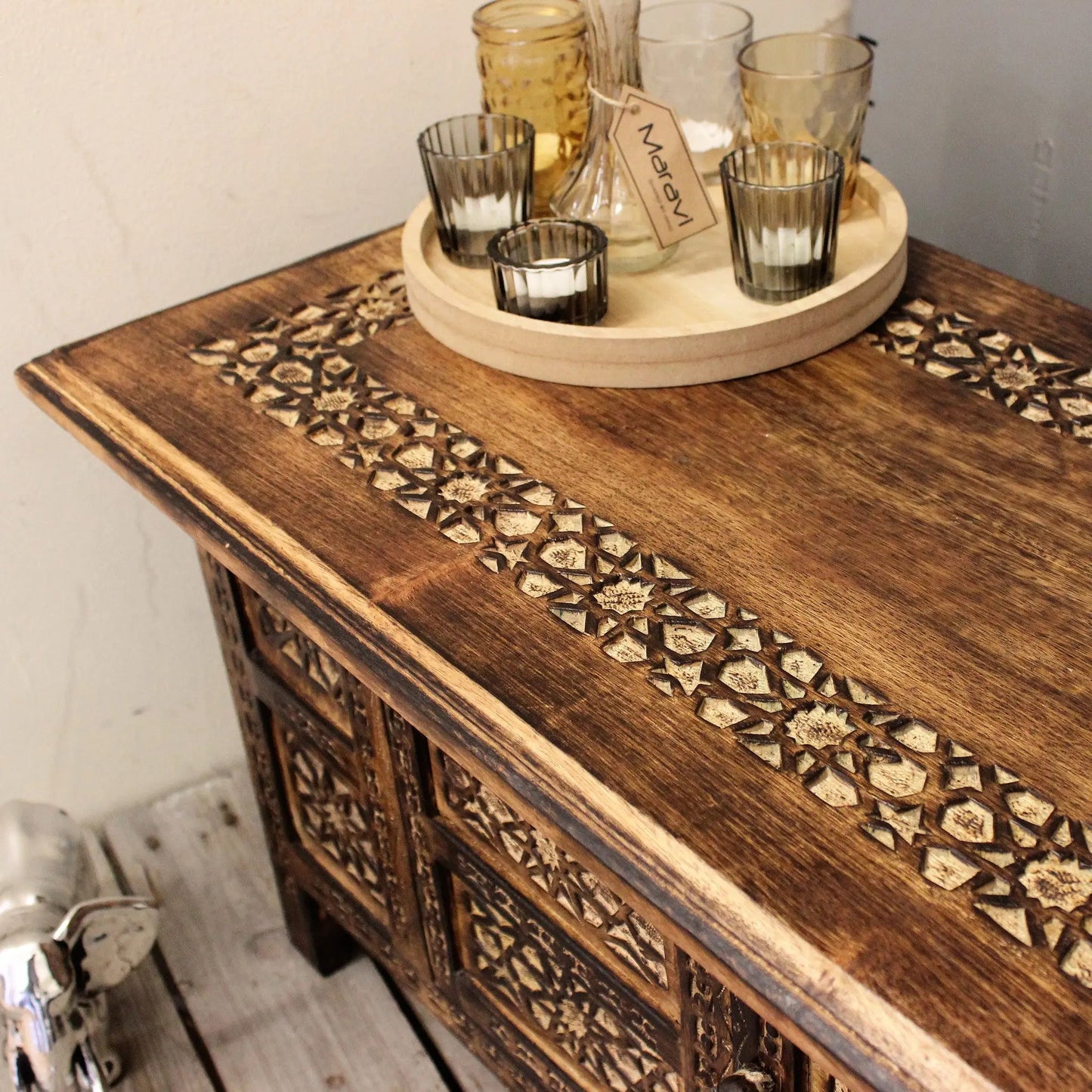 Mehanadi Rectangle Moroccan Coffee Table Hand Carved with Storage Compartment