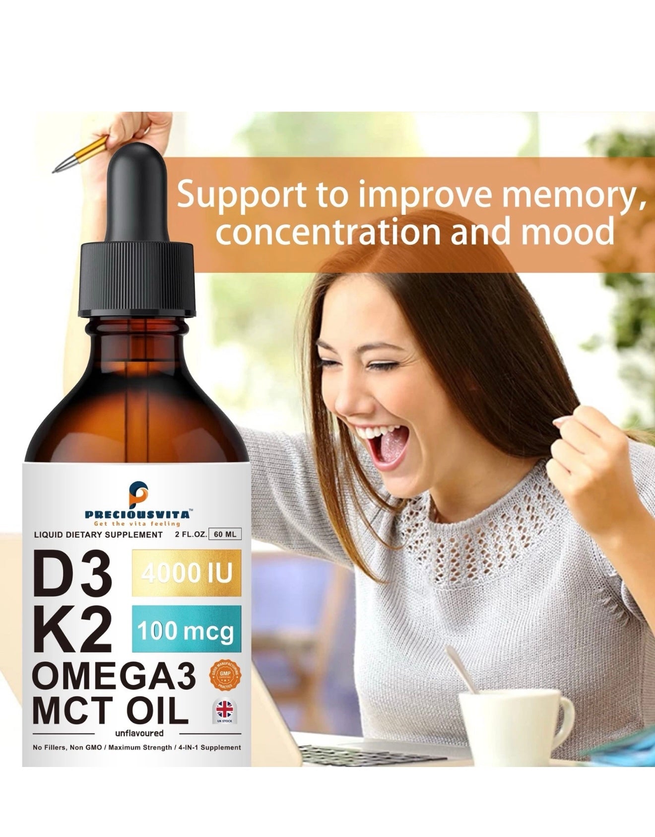 Preciousvita Vitamin D3K2 Liquid Drops,Vitamin D3 4000iu & Vitamin K2 100MCG,Unflavoured,60ml