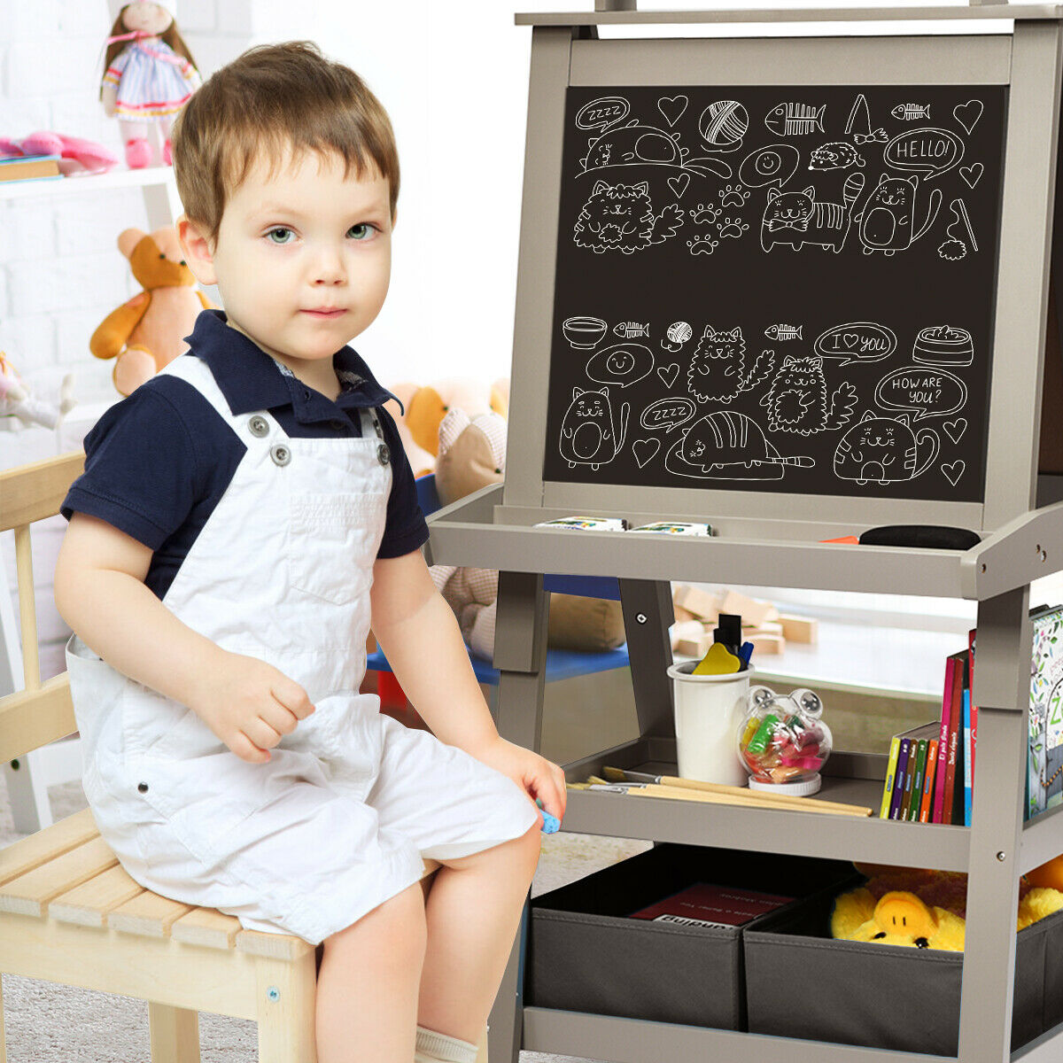 Children's Double-Sided Art Easel with Paper Roll-Blue