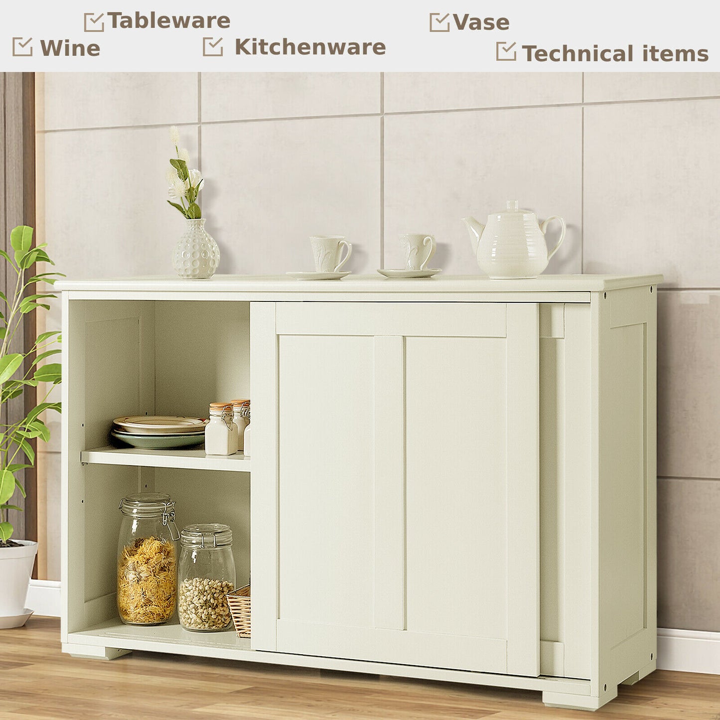 Storage Sideboard with Sliding Door and Double Partition-Black