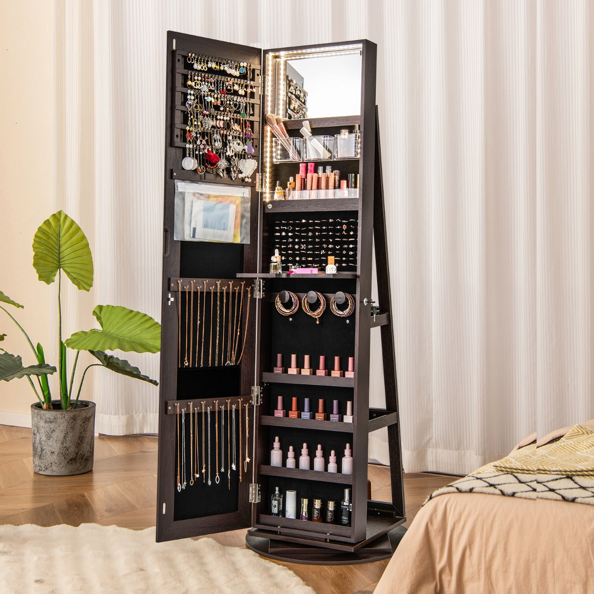 360-Degree Mirrored Jewelry Armoire with 3-Color Auto-on LED Lights-Rustic Brown