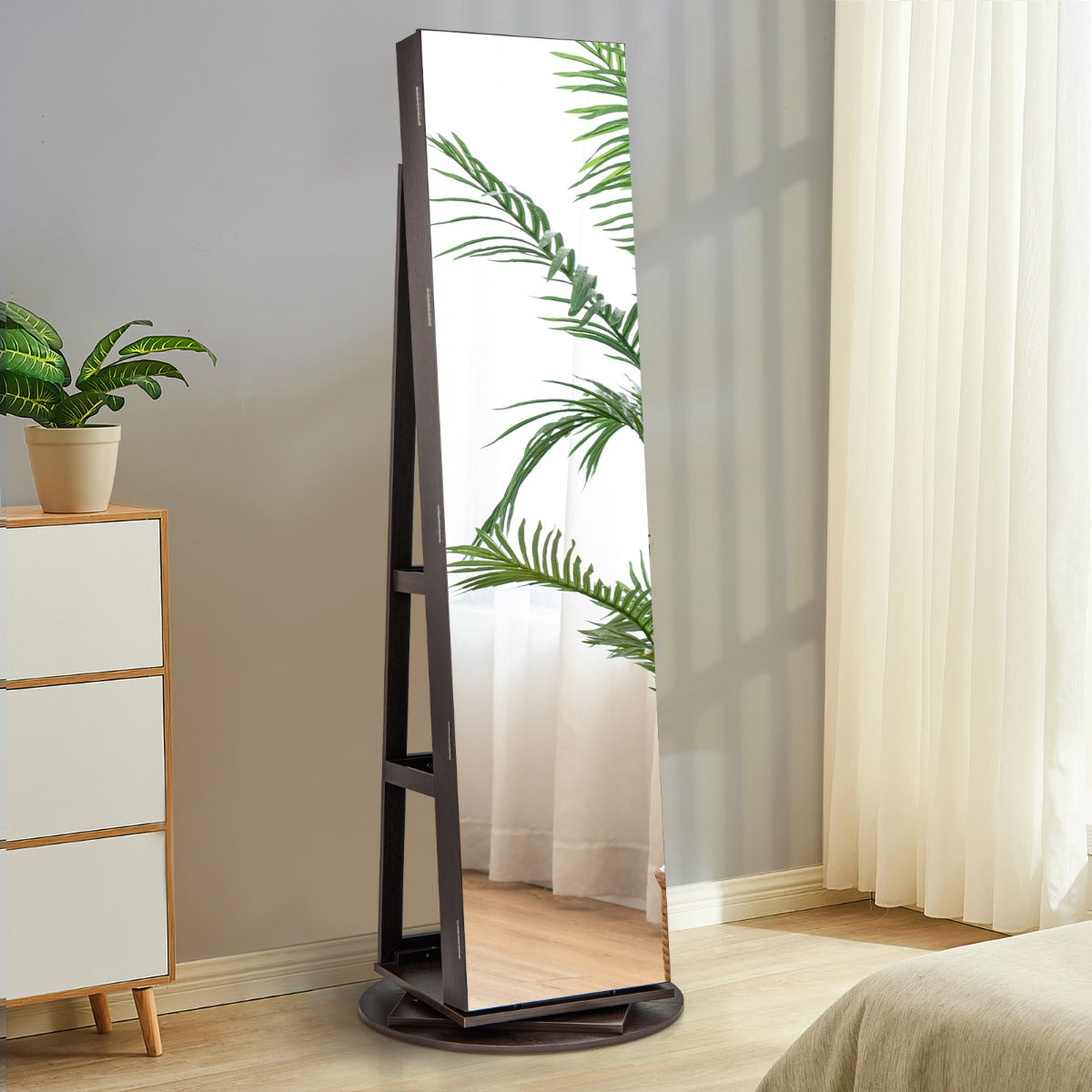 360-Degree Mirrored Jewelry Armoire with 3-Color Auto-on LED Lights-Rustic Brown