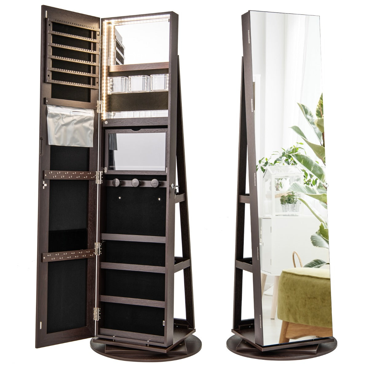 360-Degree Mirrored Jewelry Armoire with 3-Color Auto-on LED Lights-Rustic Brown