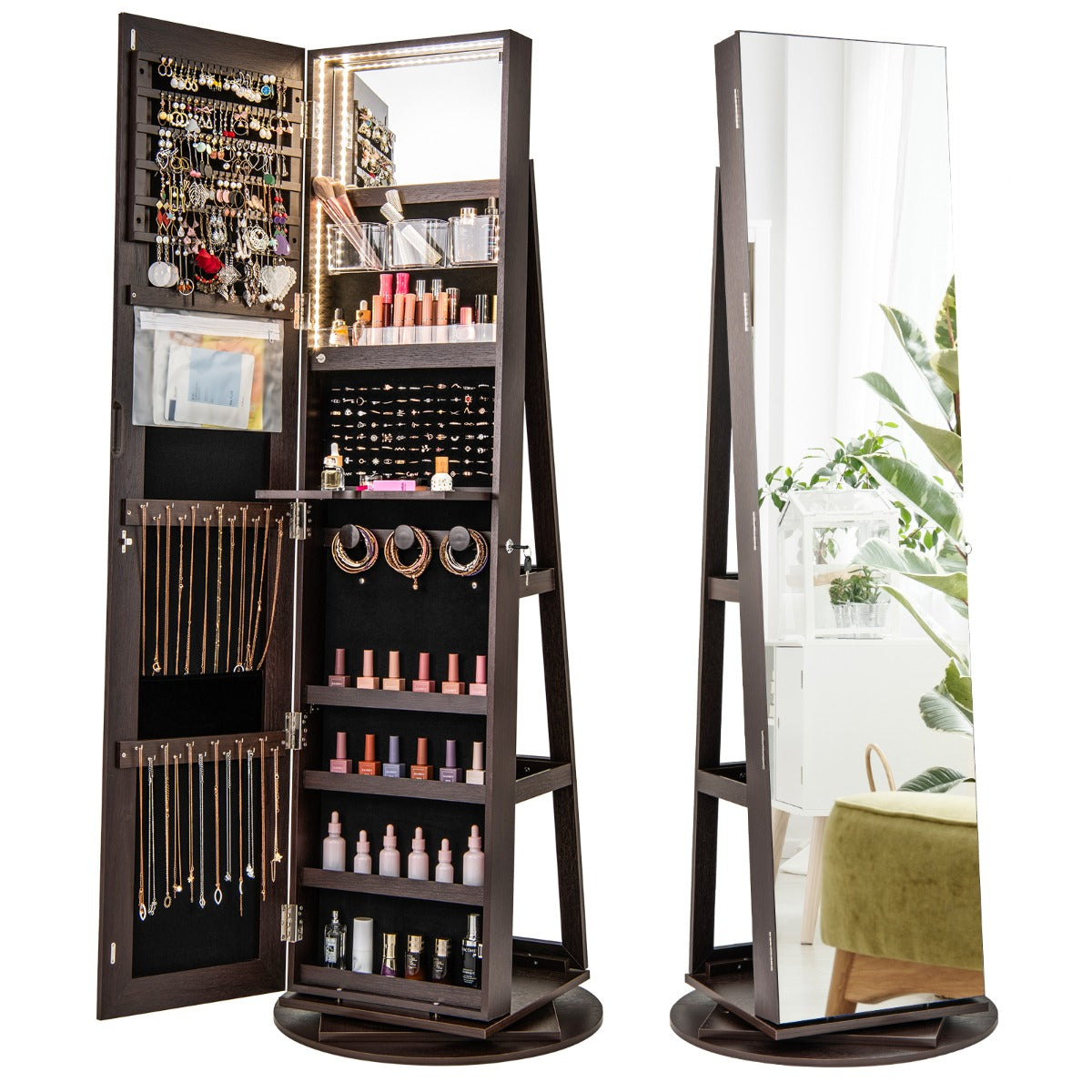 360-Degree Mirrored Jewelry Armoire with 3-Color Auto-on LED Lights-Rustic Brown