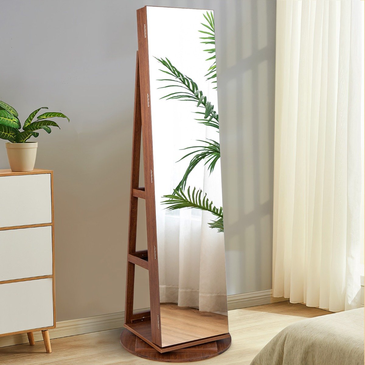 360-Degree Mirrored Jewelry Armoire with 3-Color Auto-on LED Lights-Rustic Brown