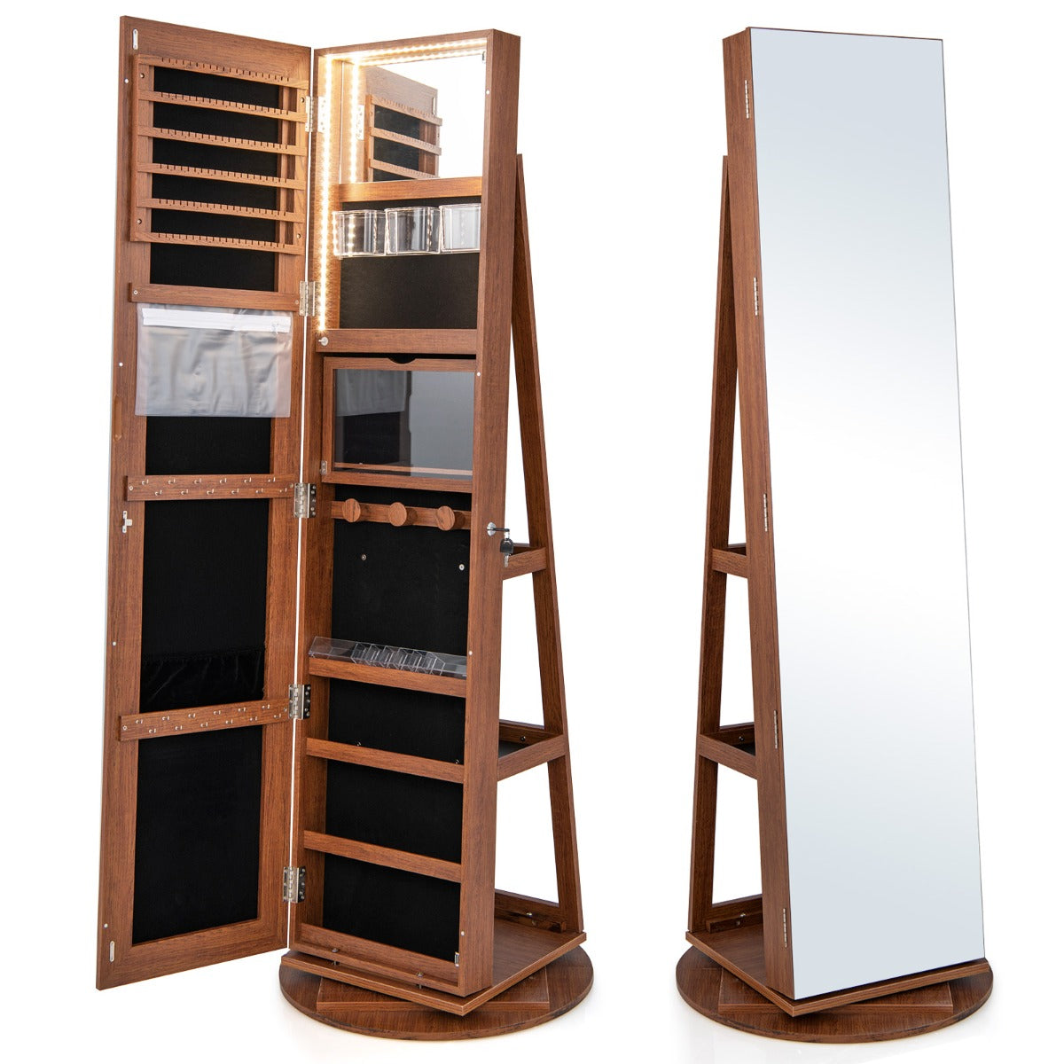 360-Degree Mirrored Jewelry Armoire with 3-Color Auto-on LED Lights-Rustic Brown