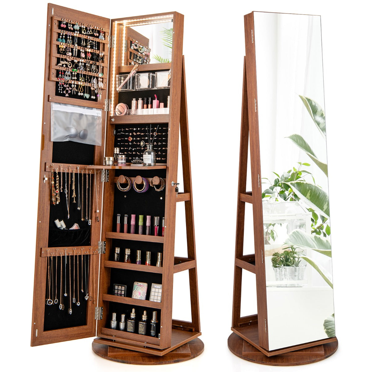 360-Degree Mirrored Jewelry Armoire with 3-Color Auto-on LED Lights-Rustic Brown
