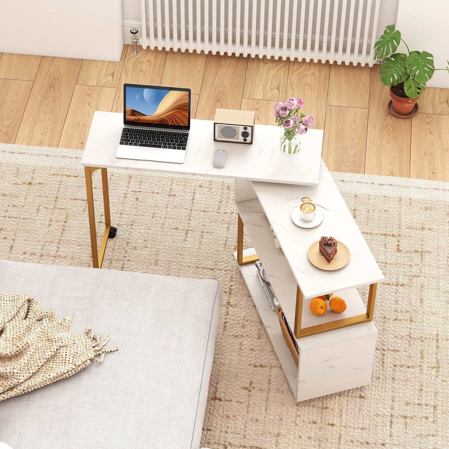 360° Sofa Side Table with Storage Bookcase and Hooks-White