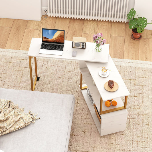 360° Sofa Side Table with Storage Bookcase and Hooks-White