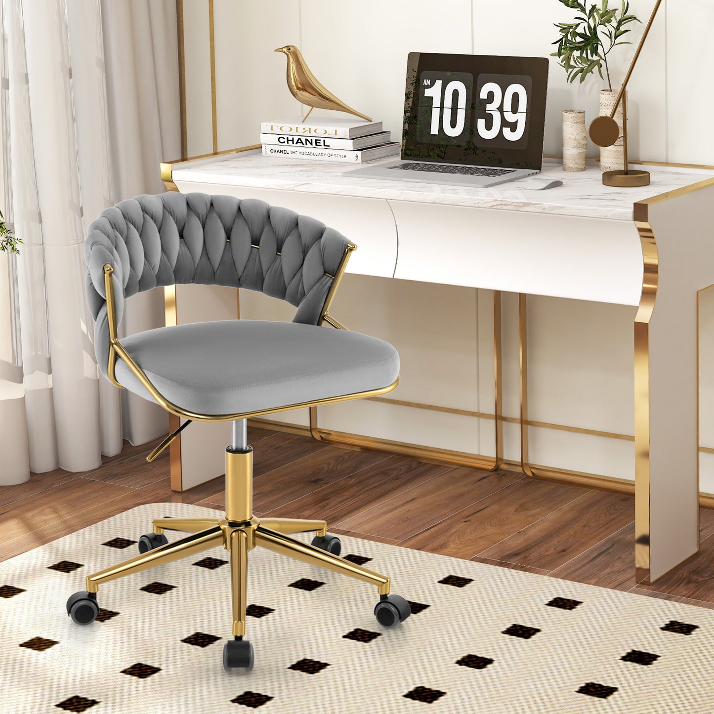 360° Swivel Home Office Desk Chair Set of 2 with Hand-woven Back-Beige