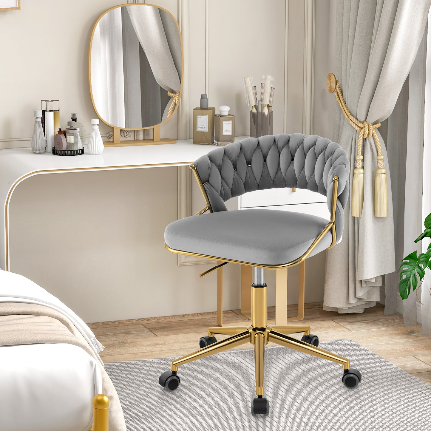 360° Swivel Home Office Desk Chair Set of 2 with Hand-woven Back-Beige