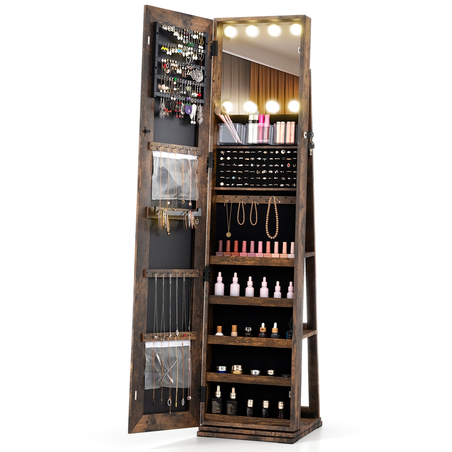 360° Swivel Jewelry Cabinet Freestanding Jewelry Storage Organizer with Lighted Full Length Mirror-Rustic Brown