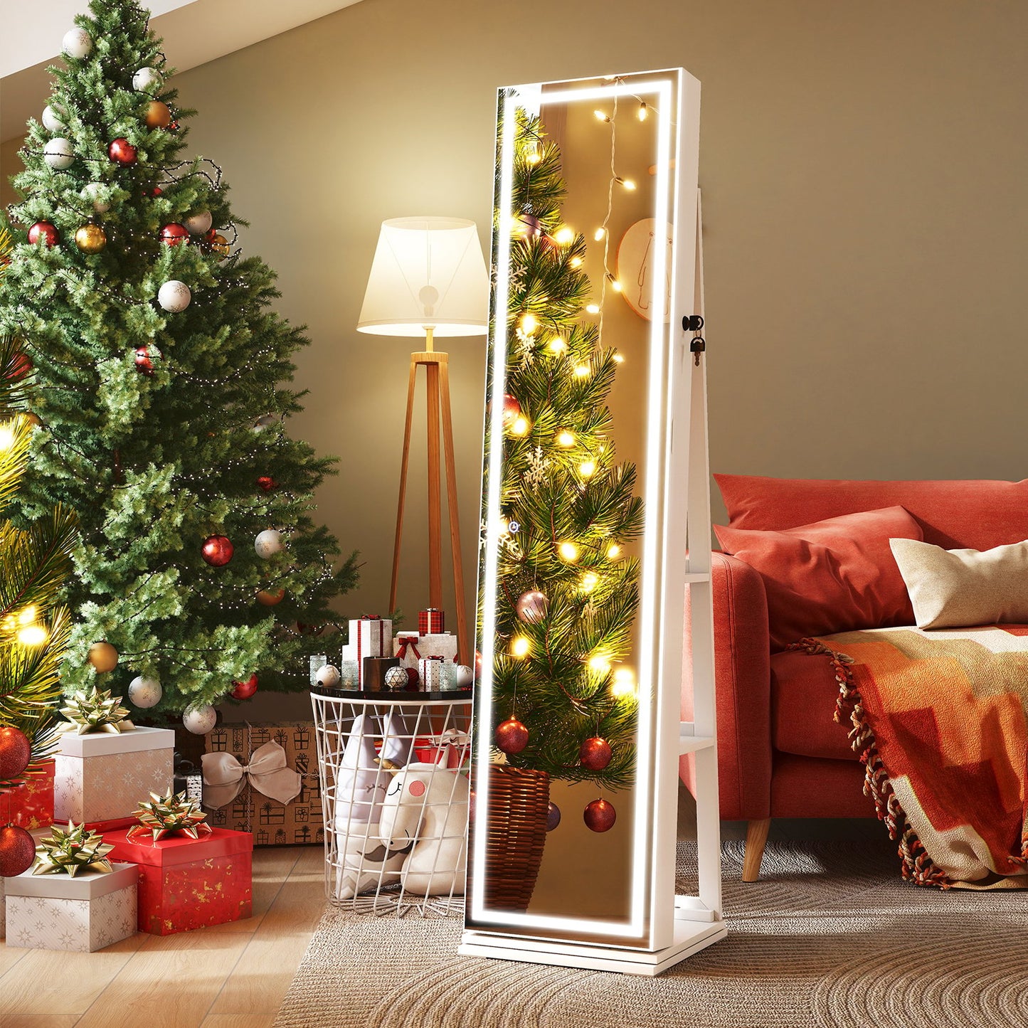 360° Swivel Jewelry Cabinet Freestanding Jewelry Storage Organizer with Lighted Full Length Mirror-Rustic Brown