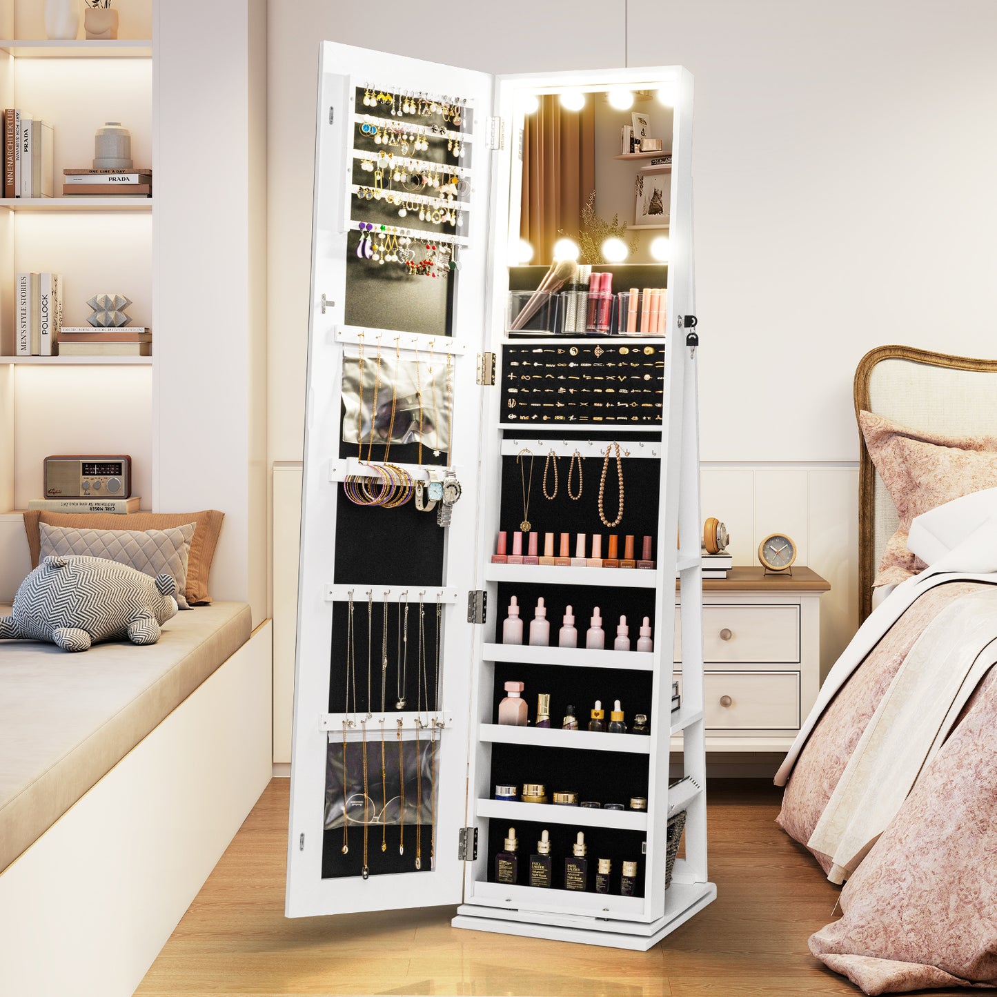 360° Swivel Jewelry Cabinet Freestanding Jewelry Storage Organizer with Lighted Full Length Mirror-Rustic Brown