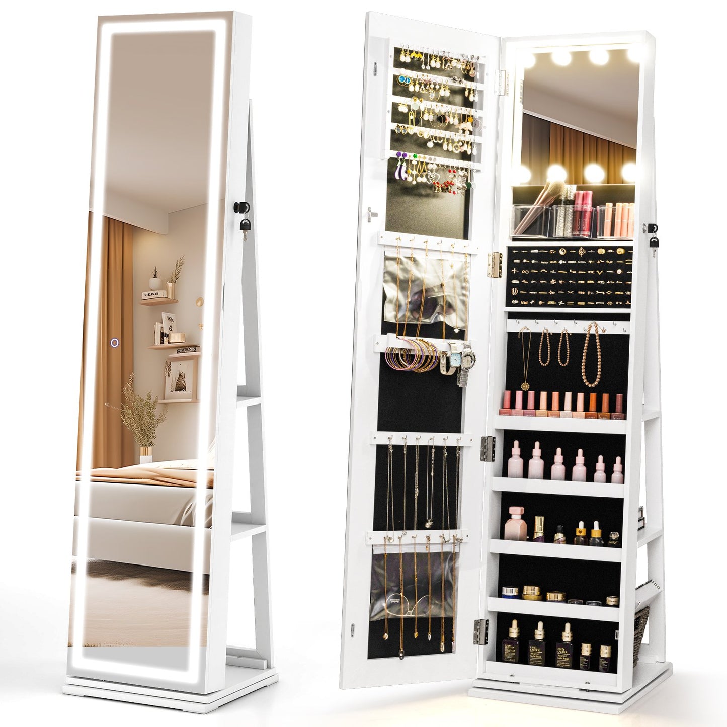 360° Swivel Jewelry Cabinet Freestanding Jewelry Storage Organizer with Lighted Full Length Mirror-Rustic Brown