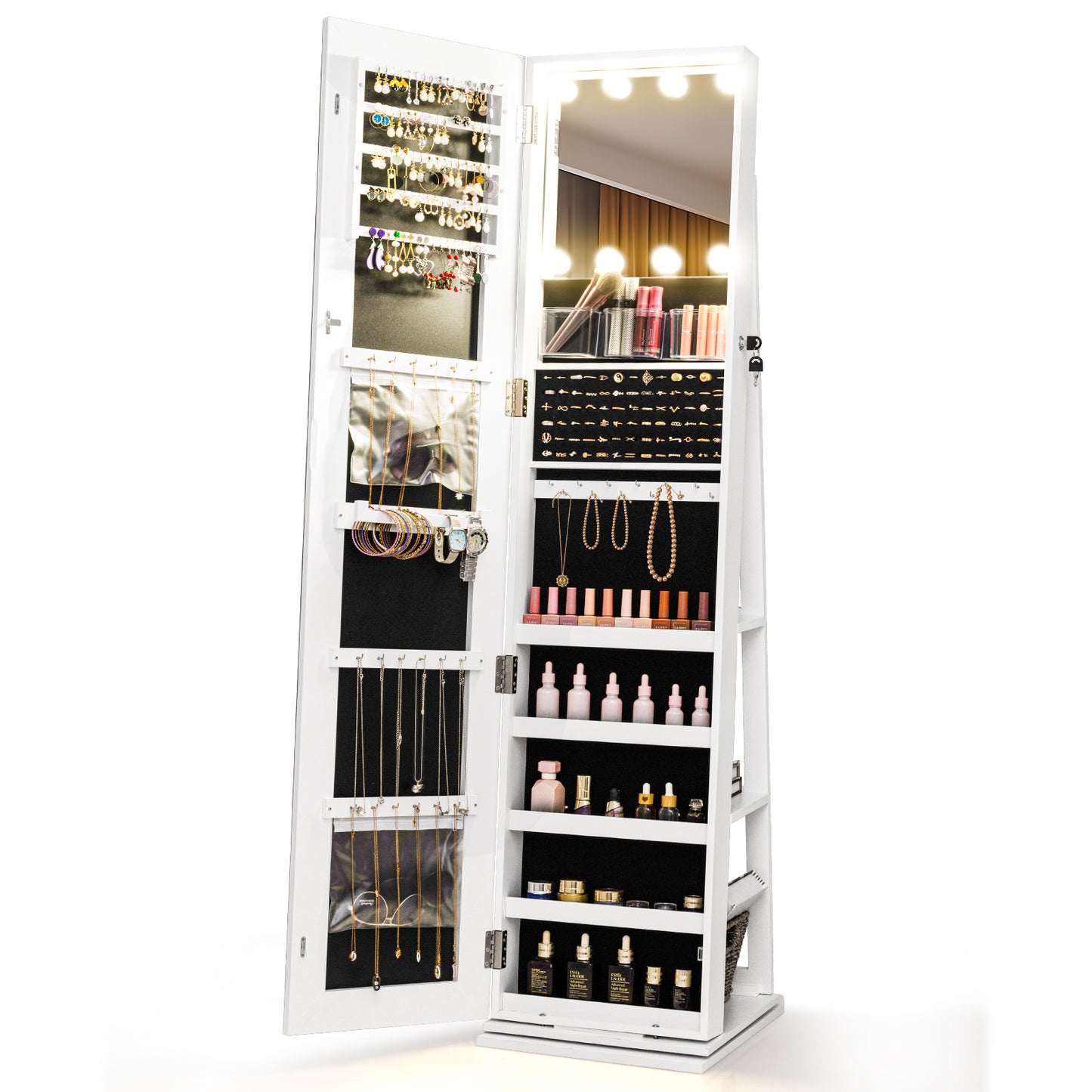 360° Swivel Jewelry Cabinet Freestanding Jewelry Storage Organizer with Lighted Full Length Mirror-Rustic Brown