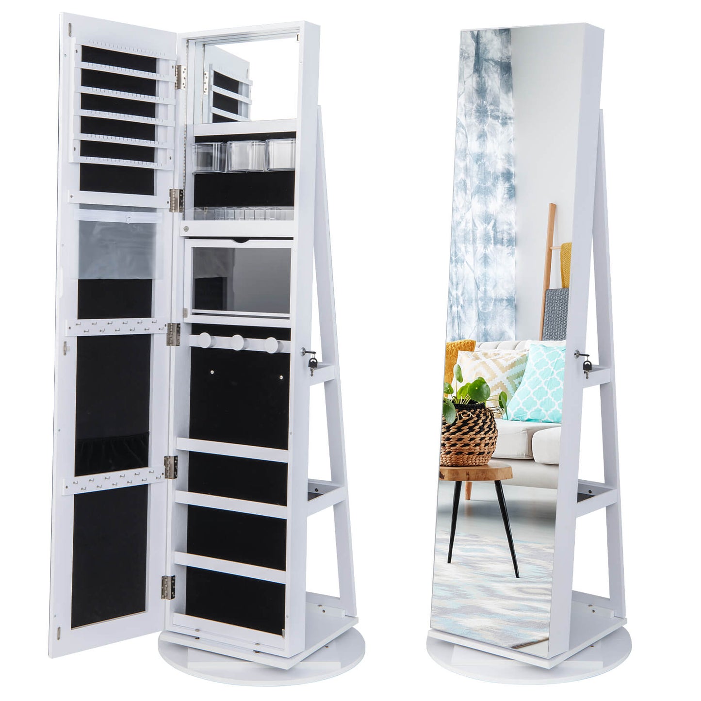 360-Degree Mirrored Jewelry Armoire with 3-Color Auto-on LED Lights-Rustic Brown