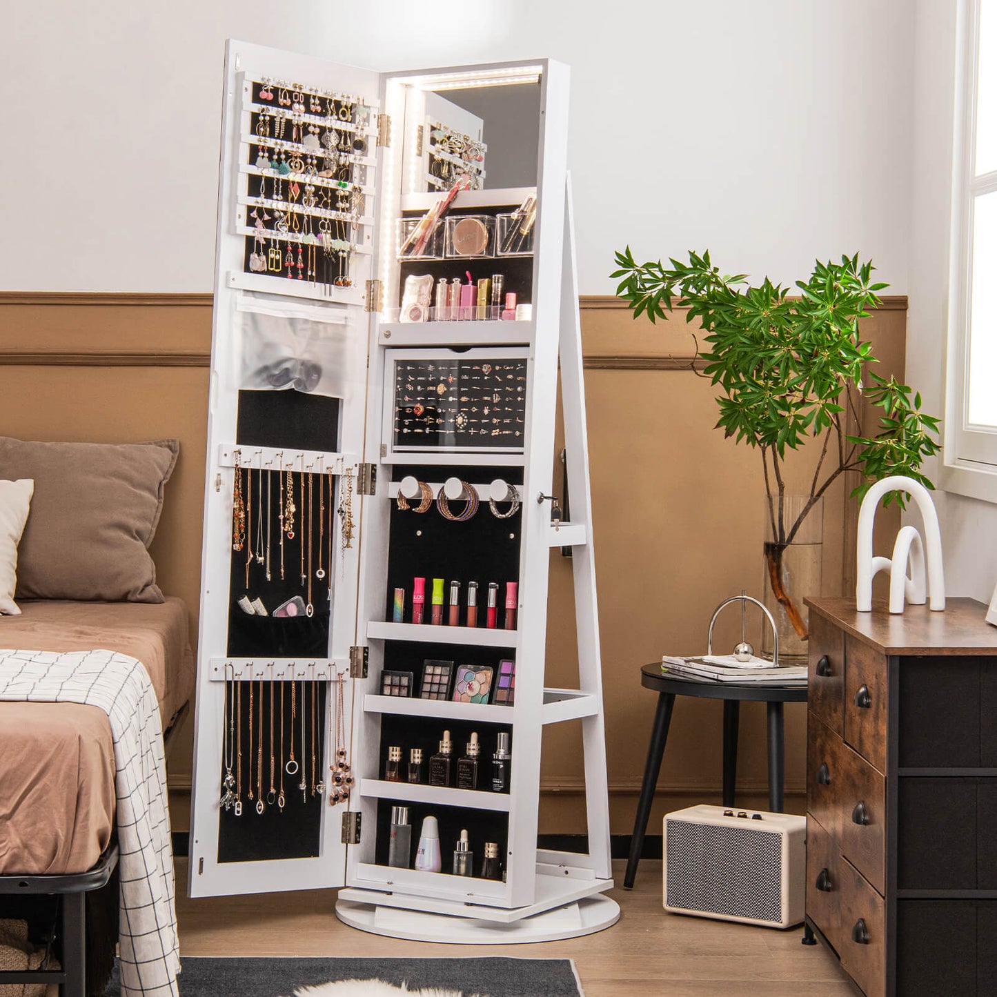 360-Degree Mirrored Jewelry Armoire with 3-Color Auto-on LED Lights-Rustic Brown
