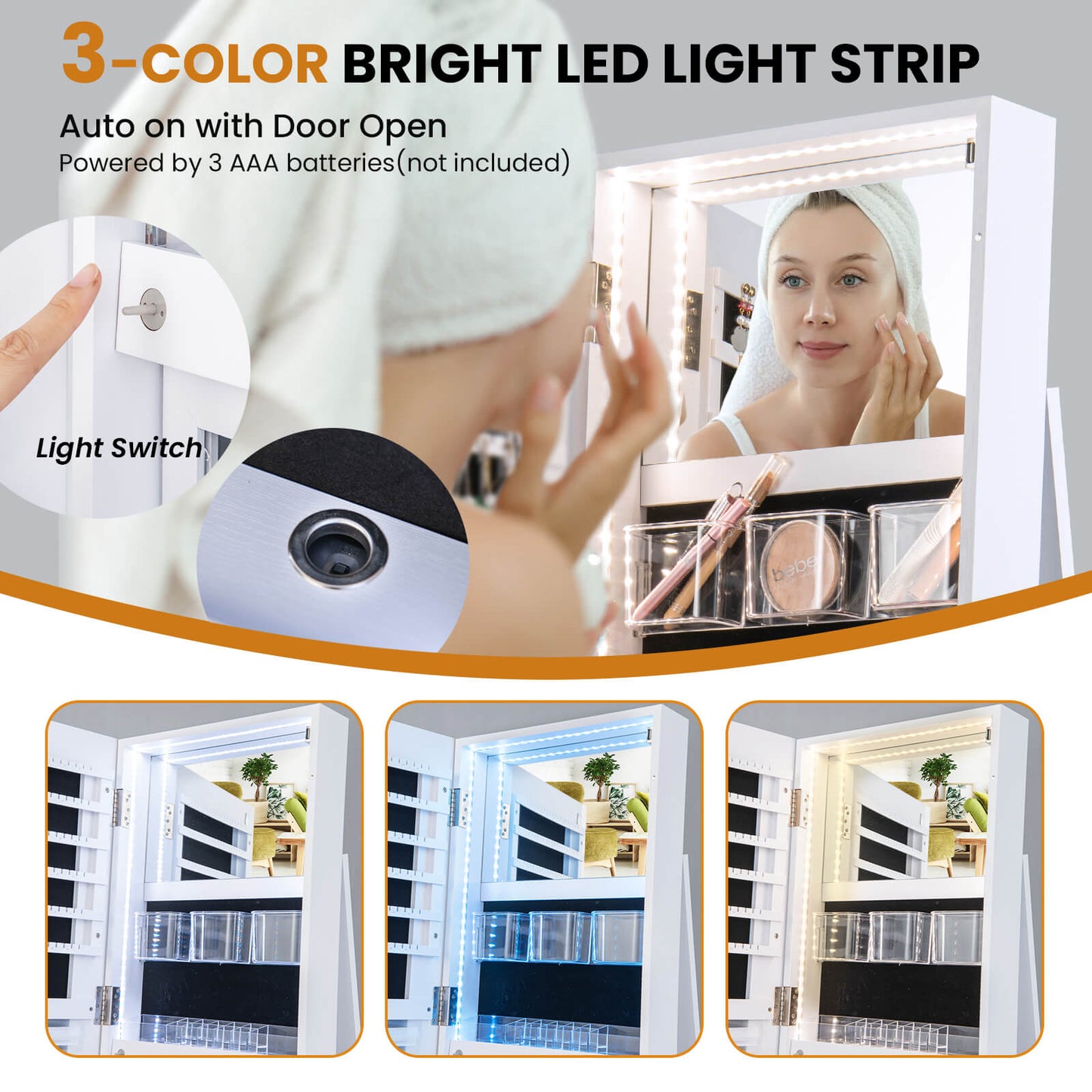 360-Degree Mirrored Jewelry Armoire with 3-Color Auto-on LED Lights-Rustic Brown