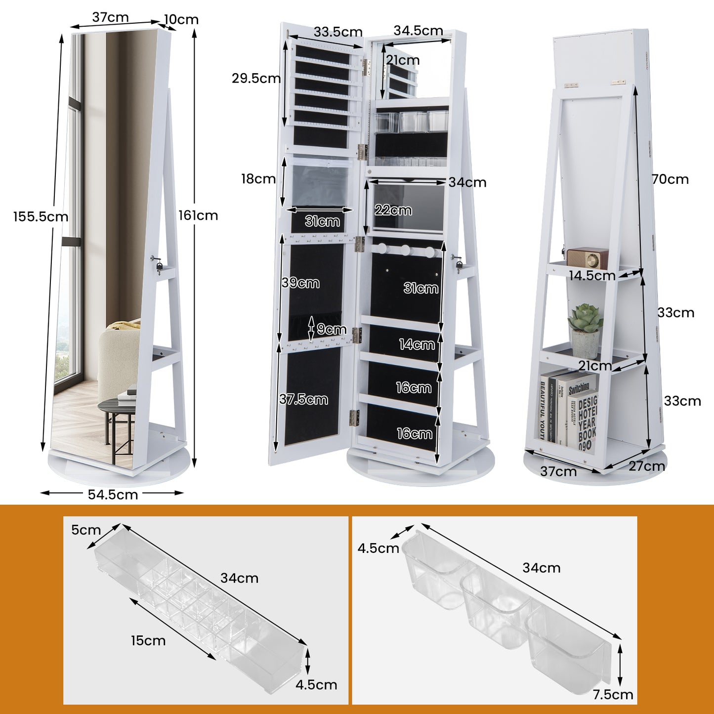 360-Degree Mirrored Jewelry Armoire with 3-Color Auto-on LED Lights-Rustic Brown