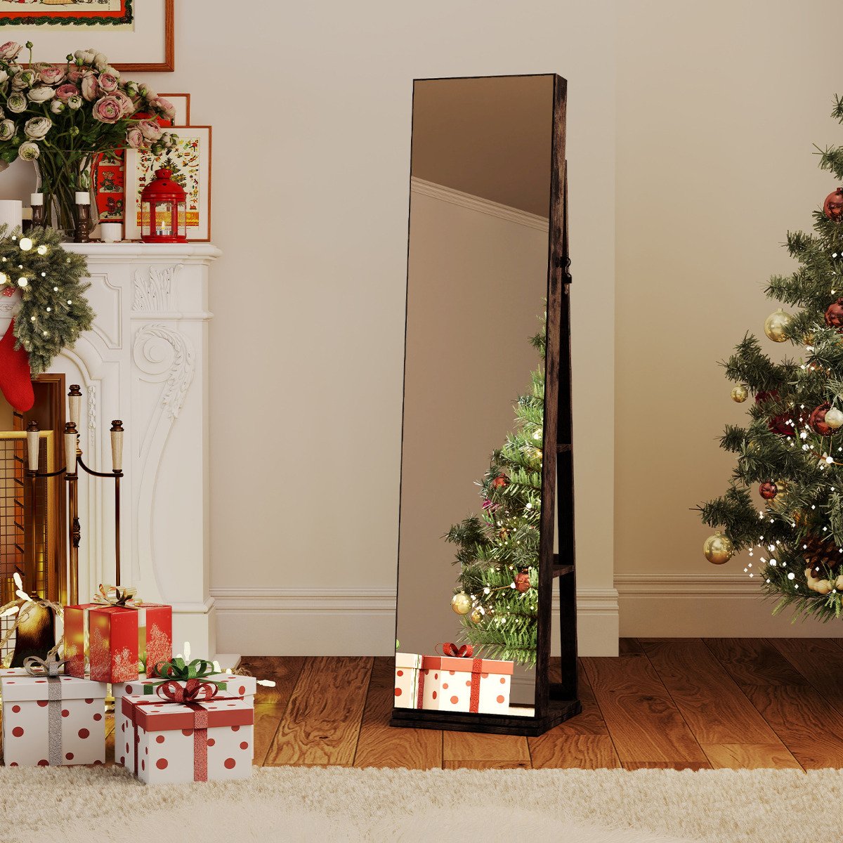 360° Swivel Jewelry Cabinet Full Length Mirror and Back Shelves-Rustic Brown