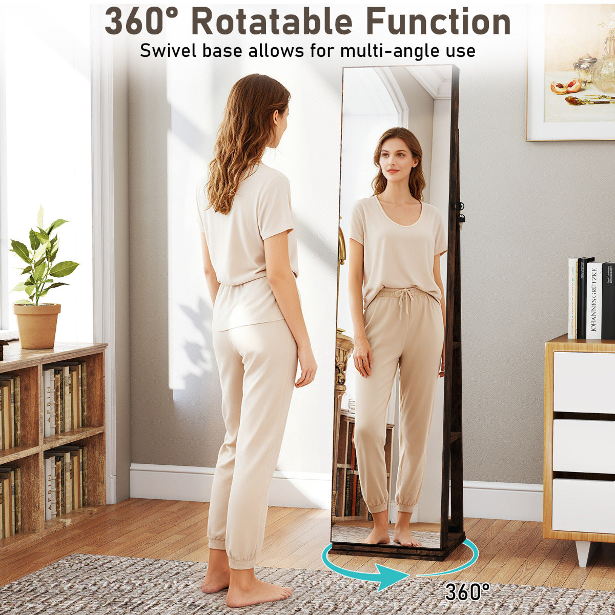 360° Swivel Jewelry Cabinet Full Length Mirror and Back Shelves-Rustic Brown