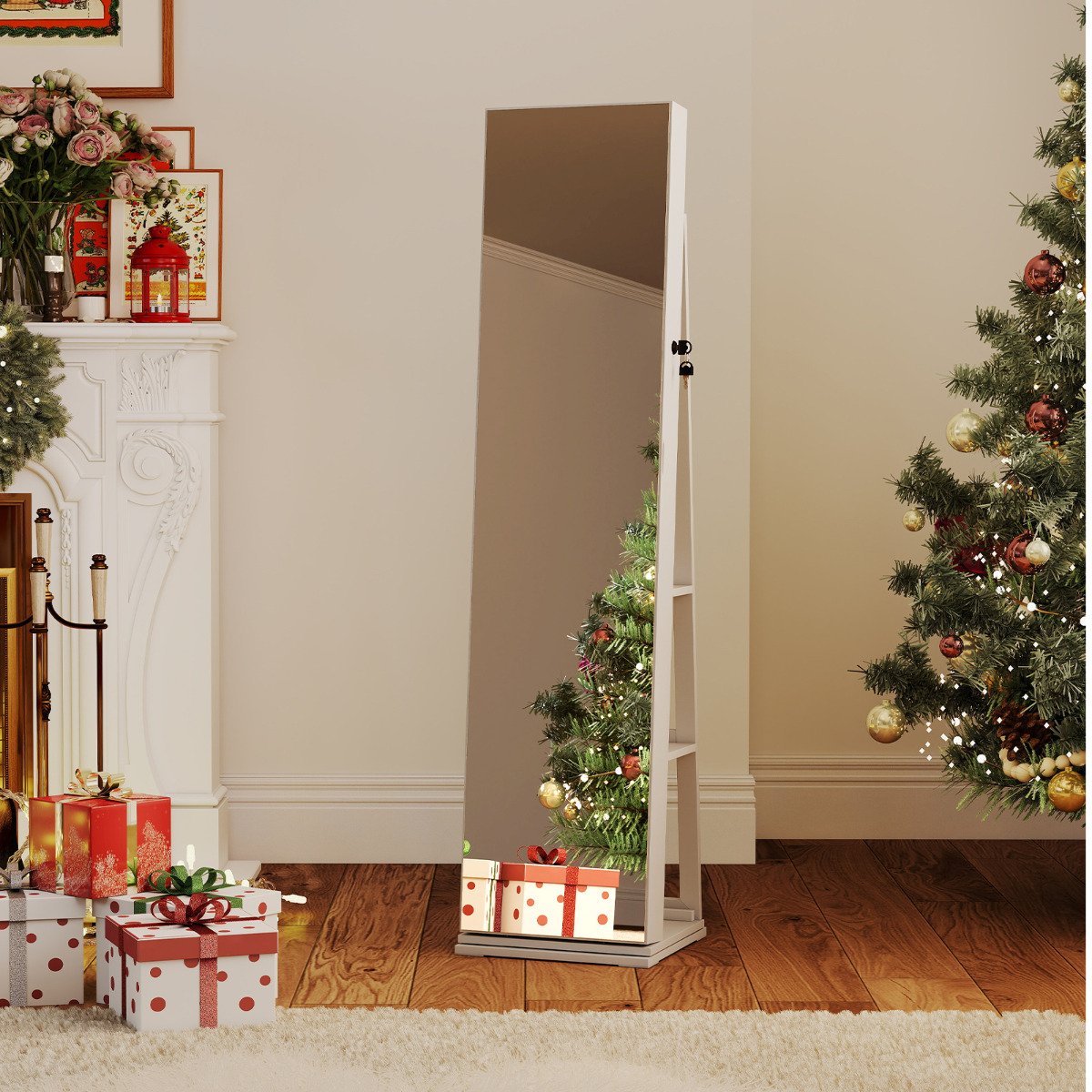 360° Swivel Jewelry Cabinet Full Length Mirror and Back Shelves-Rustic Brown