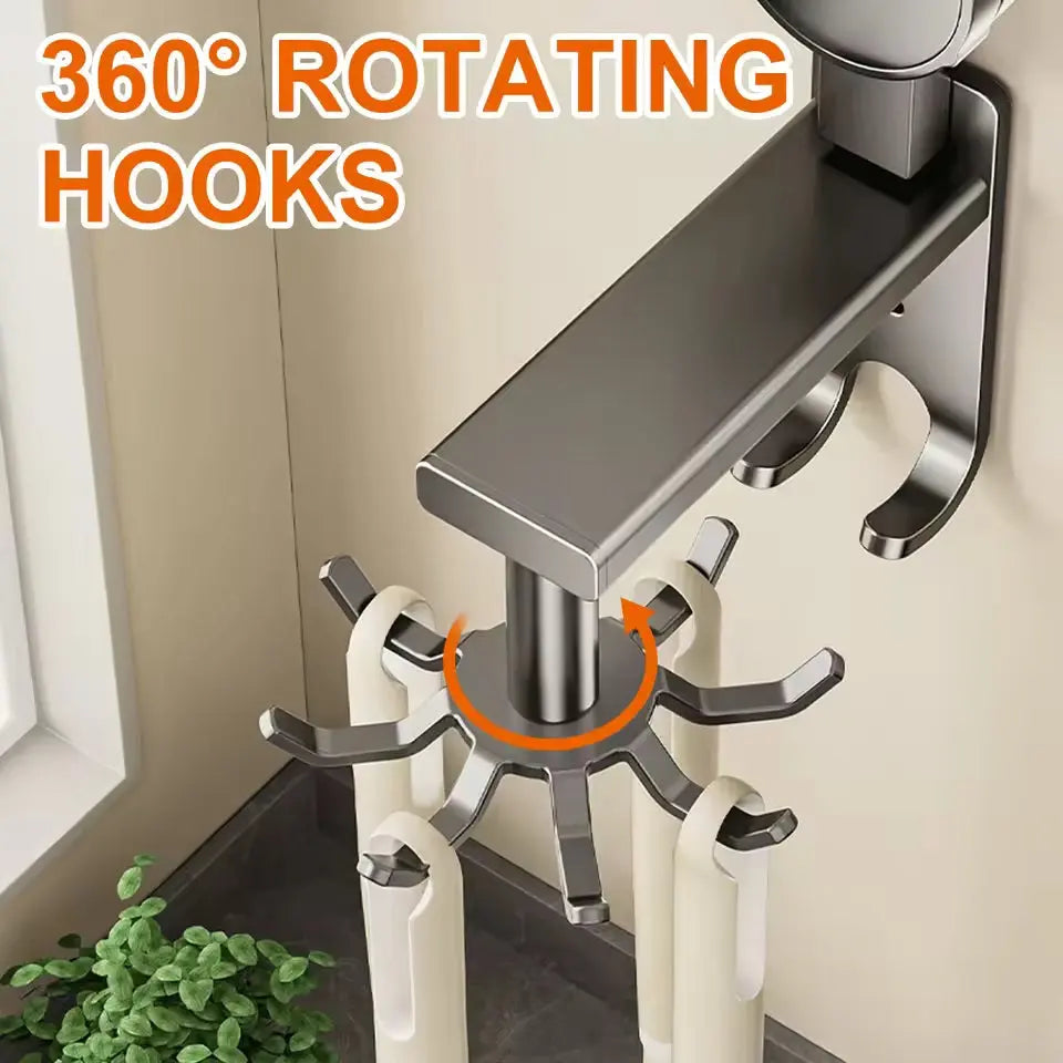 360° Swivel Wall Hangers Kitchen 10 Piece Hooks Rack No-Punching Kitchen Utensils Shovel Chopping Board Storage Stainless Steel