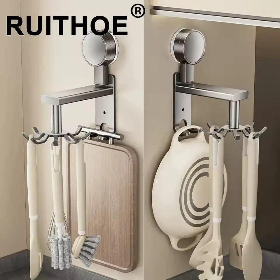360° Swivel Wall Hangers Kitchen 10 Piece Hooks Rack No-Punching Kitchen Utensils Shovel Chopping Board Storage Stainless Steel