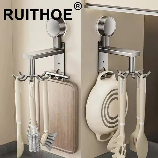 360° Swivel Wall Hangers Kitchen 10 Piece Hooks Rack No-Punching Kitchen Utensils Shovel Chopping Board Storage Stainless Steel