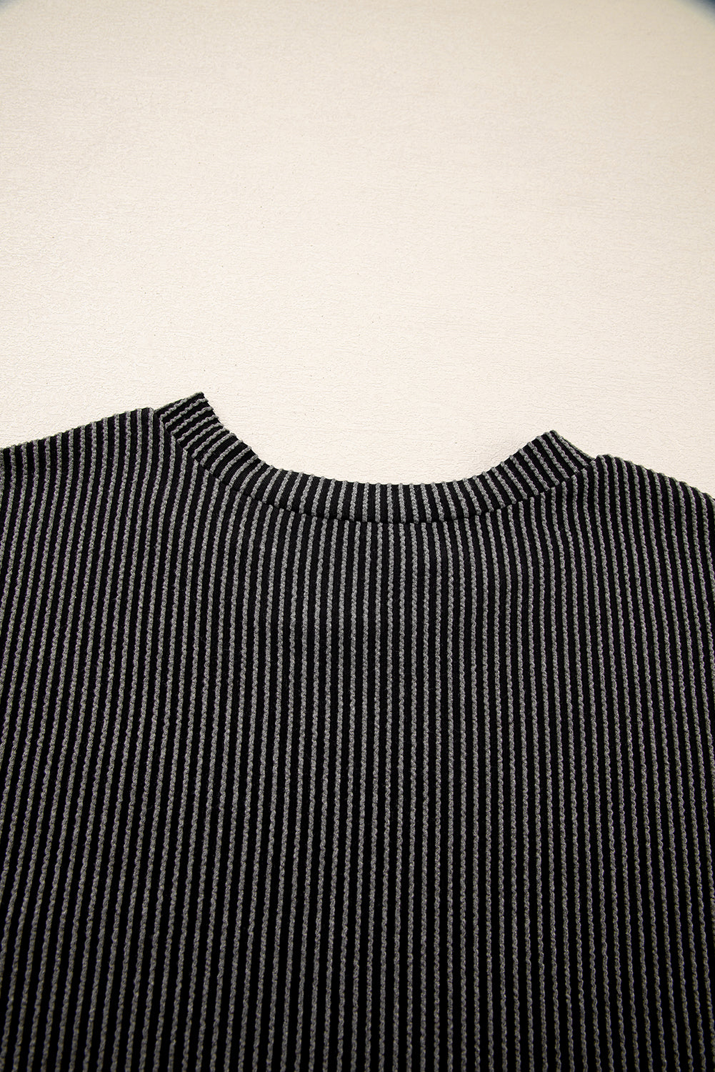 Light Blue Corded Knit Color Block Pocketed Crew Neck T Shirt