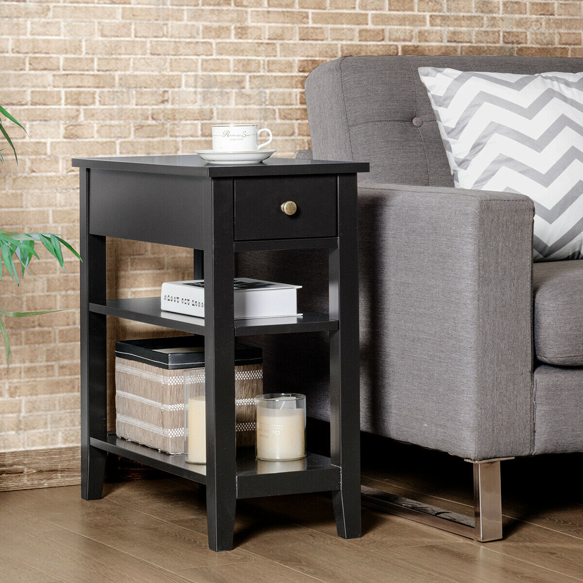 3-Tier End Table with Drawer-White