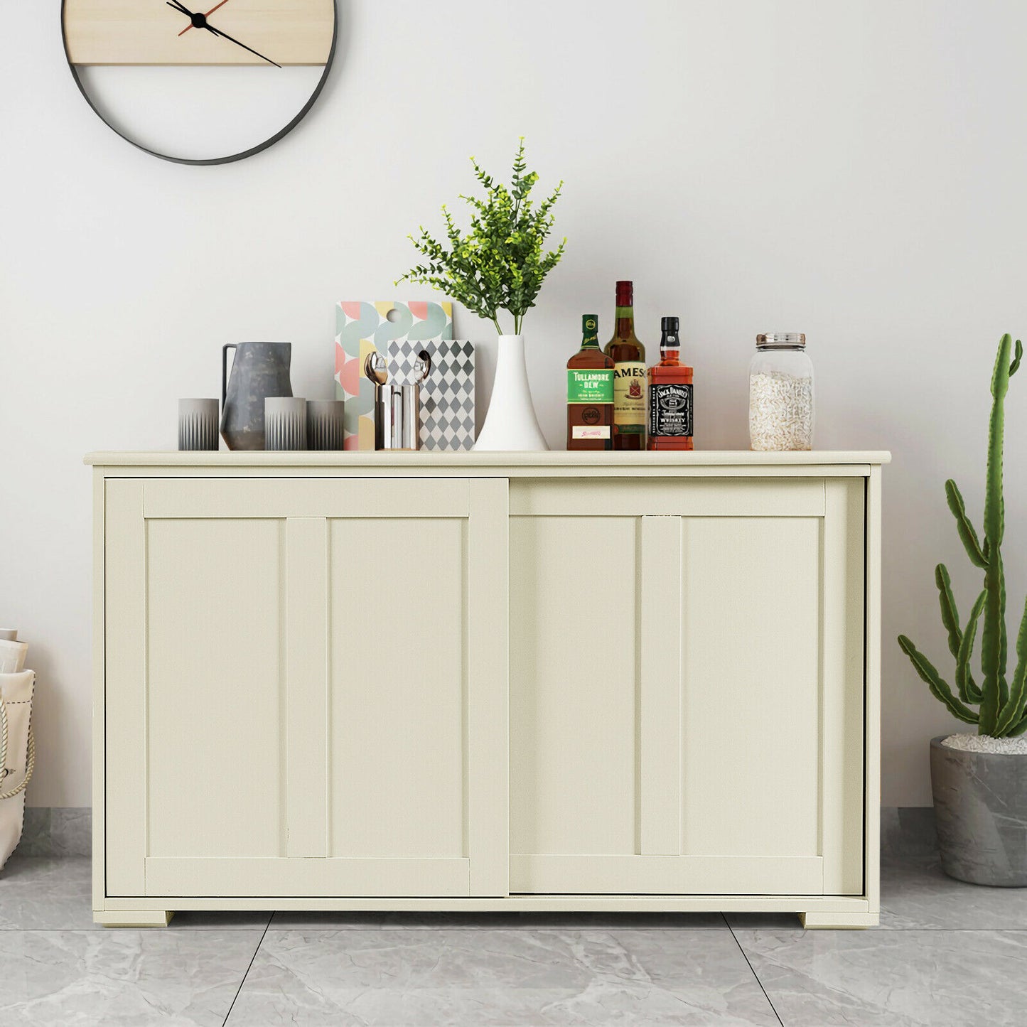 Storage Sideboard with Sliding Door and Double Partition-Black