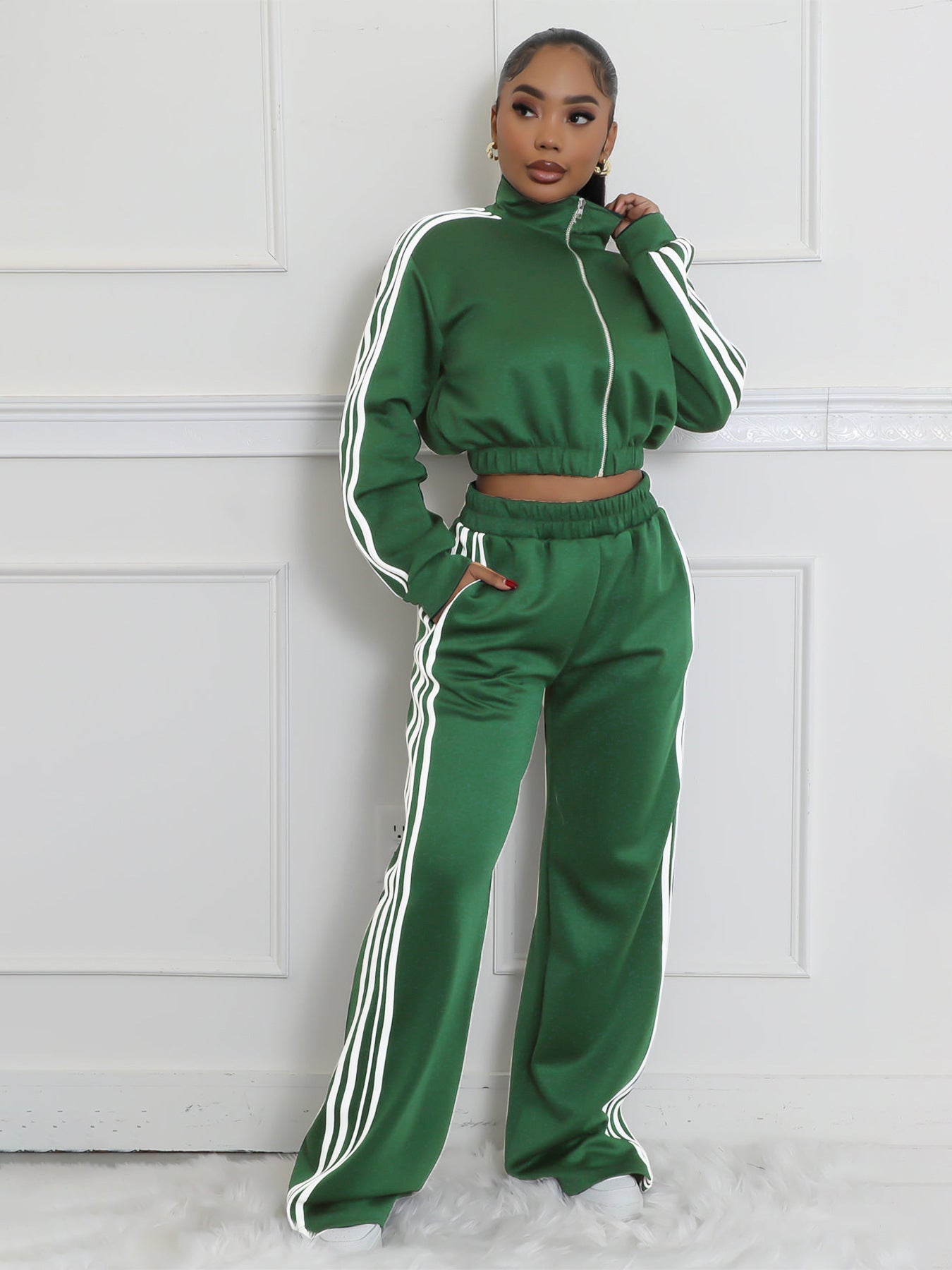 Striped Suit Zipper Thickening Sweater Leisure Commute Two-piece Set