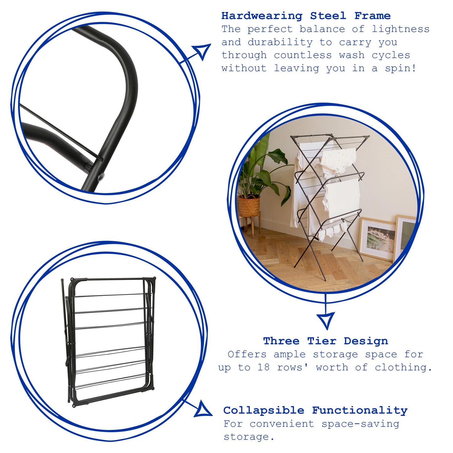 3 Tier Foldable Clothes Airer - Black
