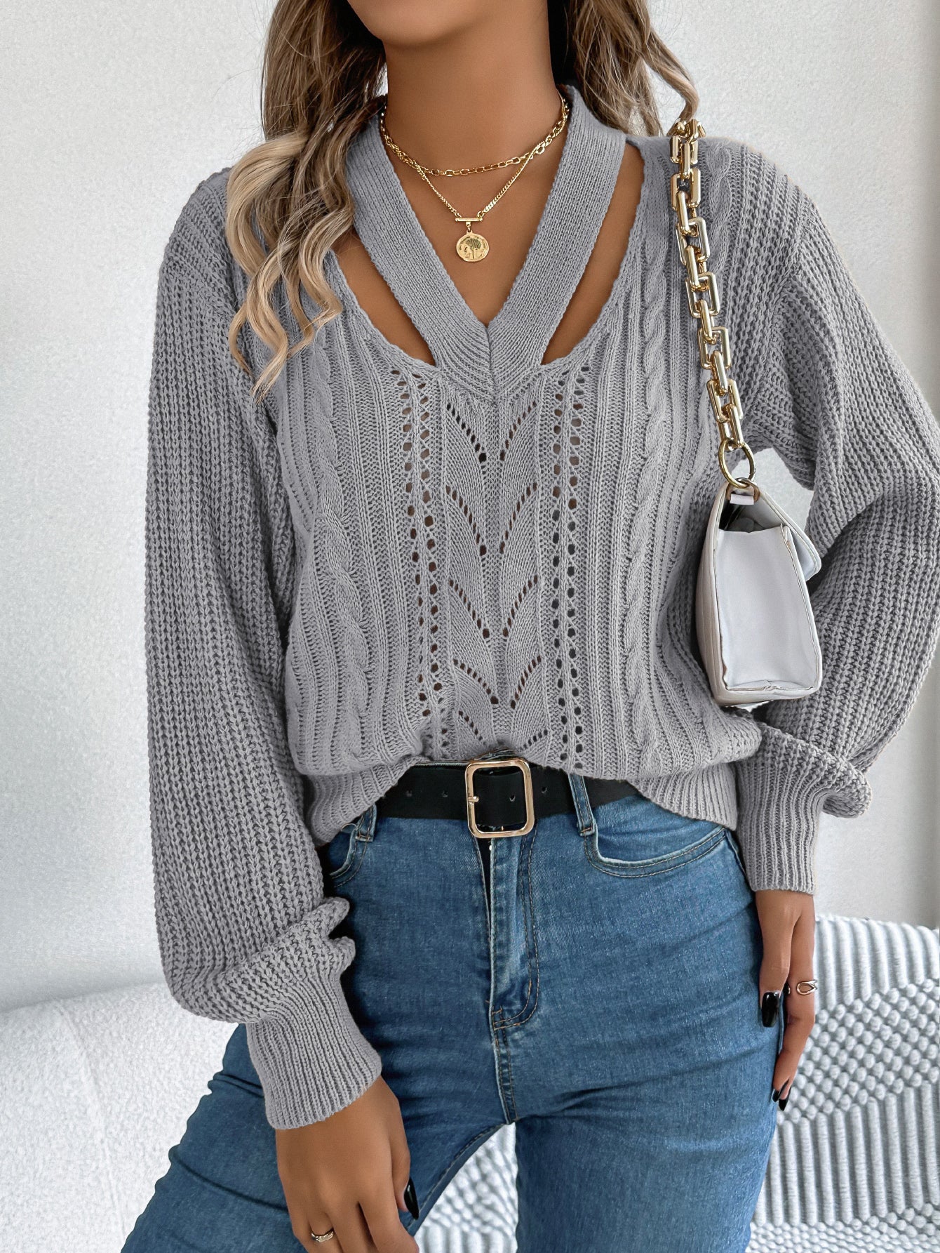 Women Casual Hollow Out V-Neck Cable Knit Lantern Sleeve Pullover Sweater