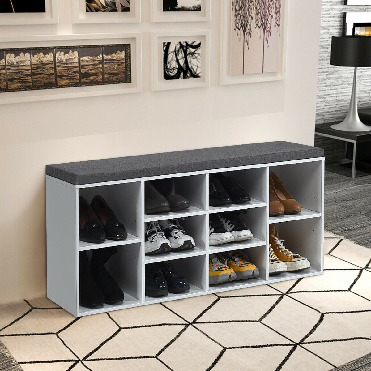 10-Cube Storage Bench Cabinet with Adjustable Shelves-Black