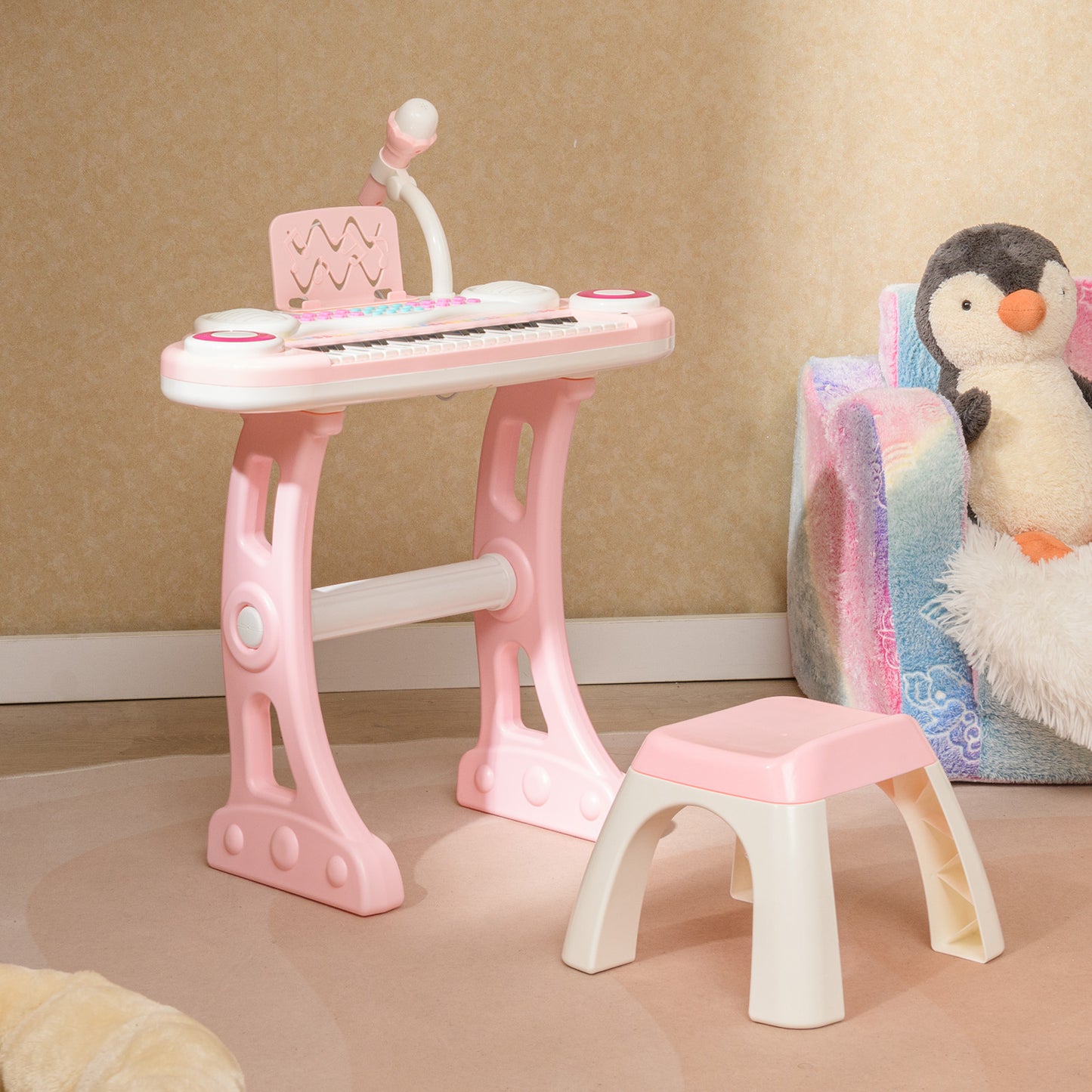 37 Keys Electronic Kids Piano Toy with Detachable Legs and Stool-Blue