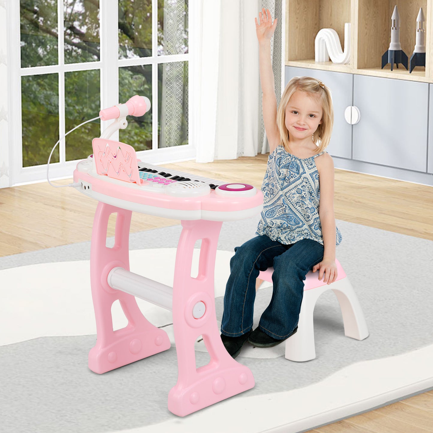 37 Keys Electronic Kids Piano Toy with Detachable Legs and Stool-Blue