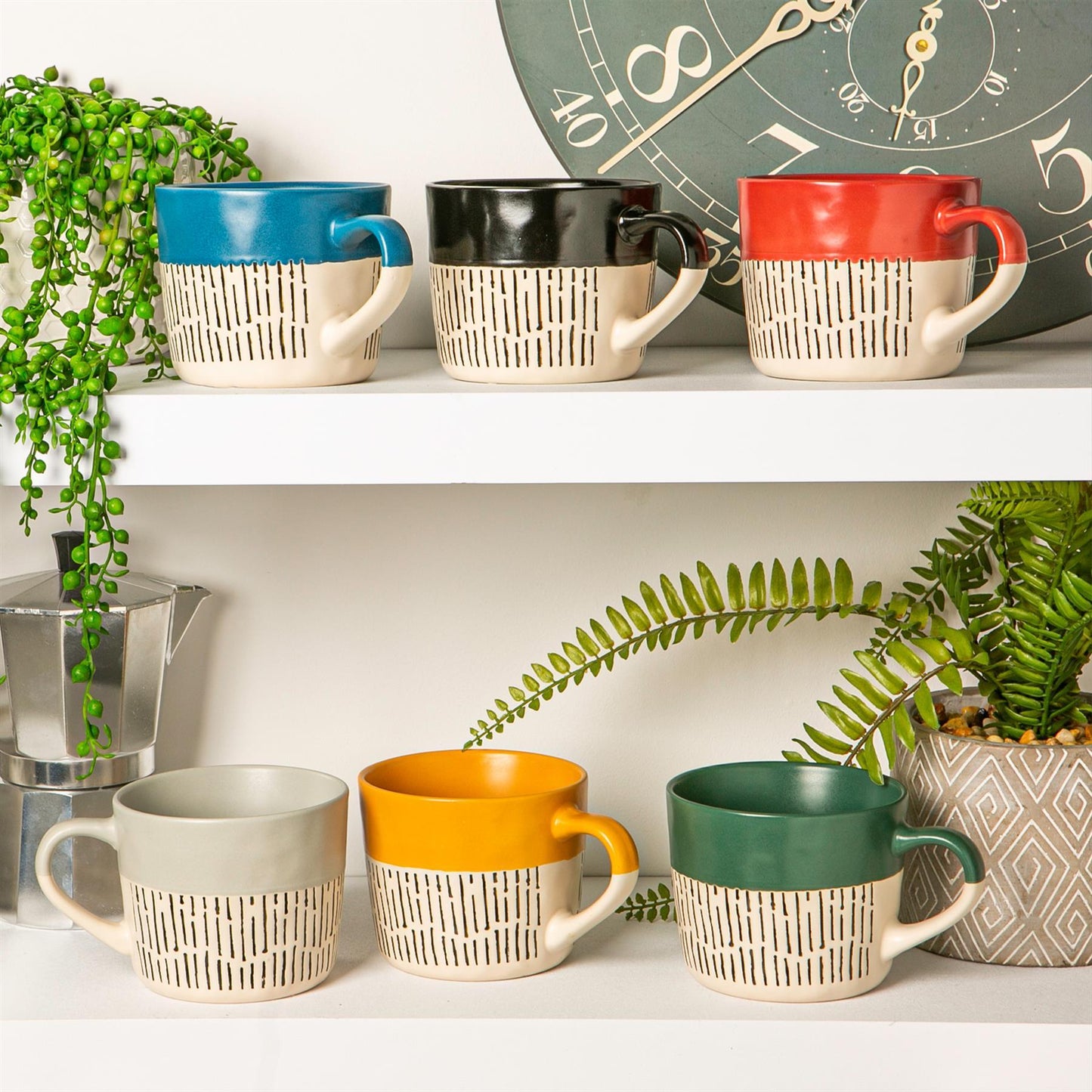 450ml Multicoloured Colour Block Dash Stoneware Coffee Mugs - Pack of Six