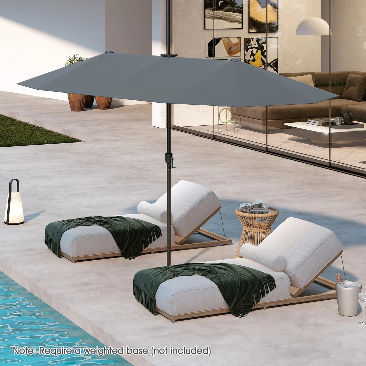 380cm Patio Double-Sided Market Umbrella with LED Solar Lights-Grey