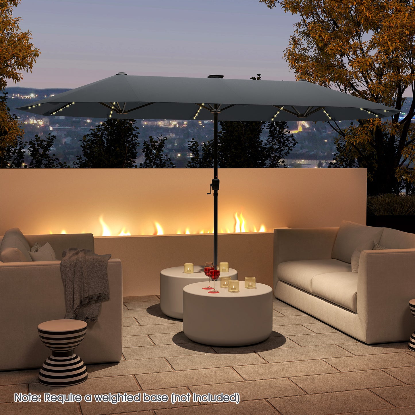 380cm Patio Double-Sided Market Umbrella with LED Solar Lights-Grey