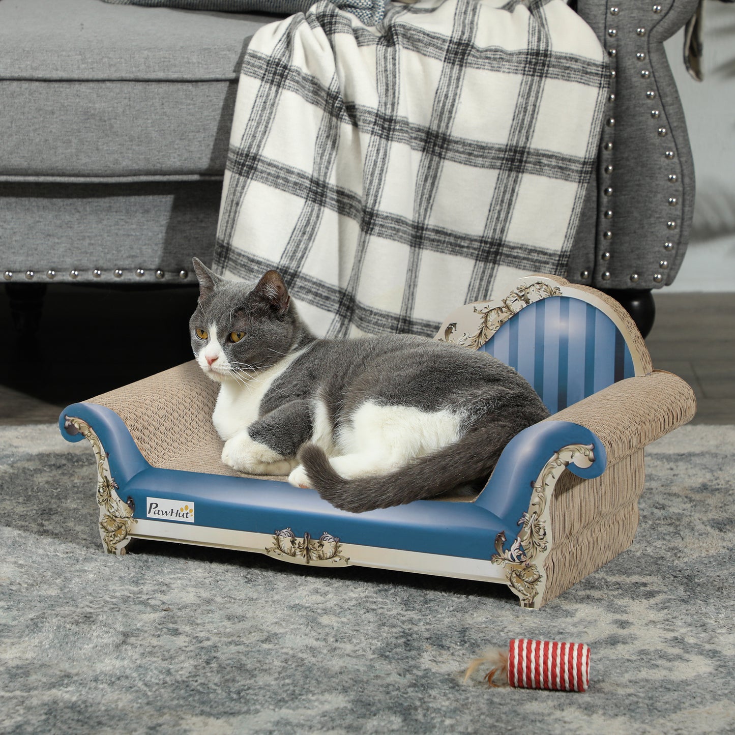 PawHut 2 in1 Cat Scratcher with Catnip, Cardboard Lounge Bed, Blue