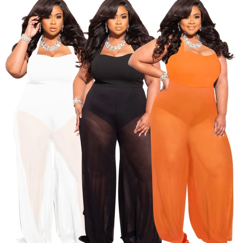 Women's Plus-Size Wide-Leg Jumpsuit Sexy Sheer Pants